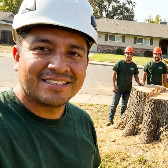 Smiling Eddy's Tree Service and Landscaping crew selfie after removing a large oak in Atlanta