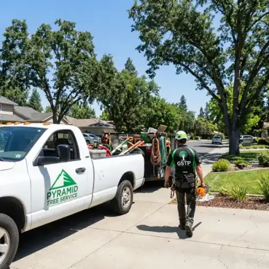 Eddy's Tree Service and Landscaping truck arriving at a Atlanta residential job