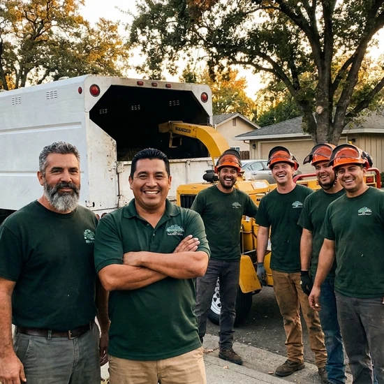 Tree service owner and crew with chip truck on a Atlanta street