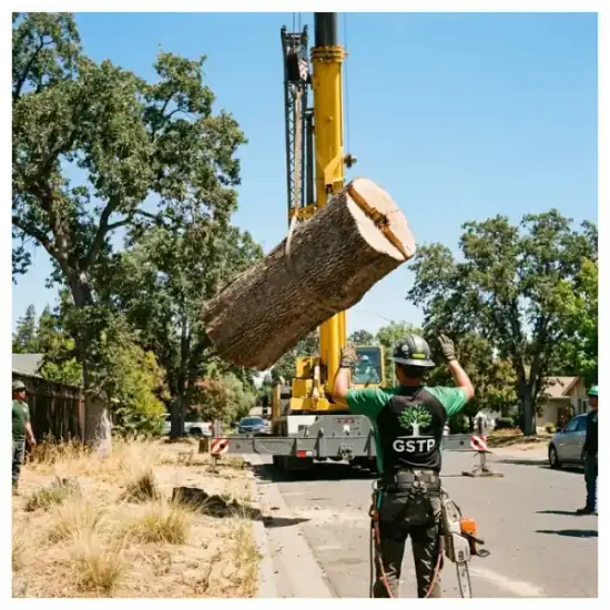 Crane lowering a tree section during a Atlanta removal